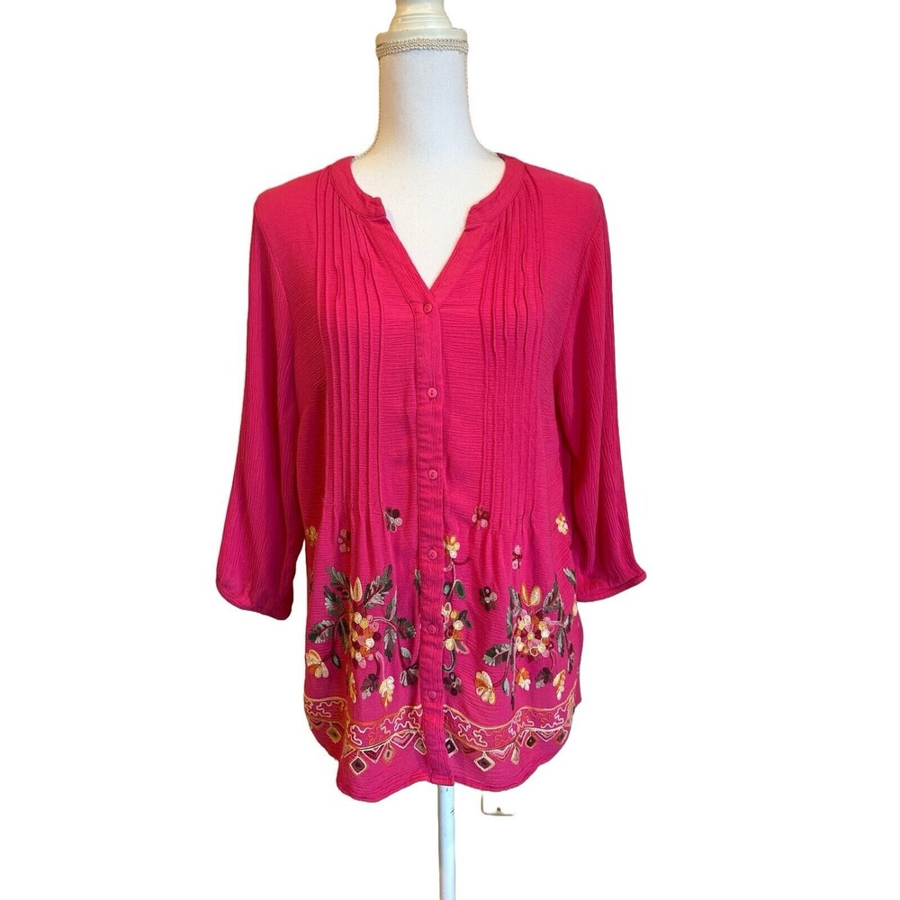 Liv Los Angeles Women's M Pink Floral Embroidered Flowy Boho Tunic Blouse